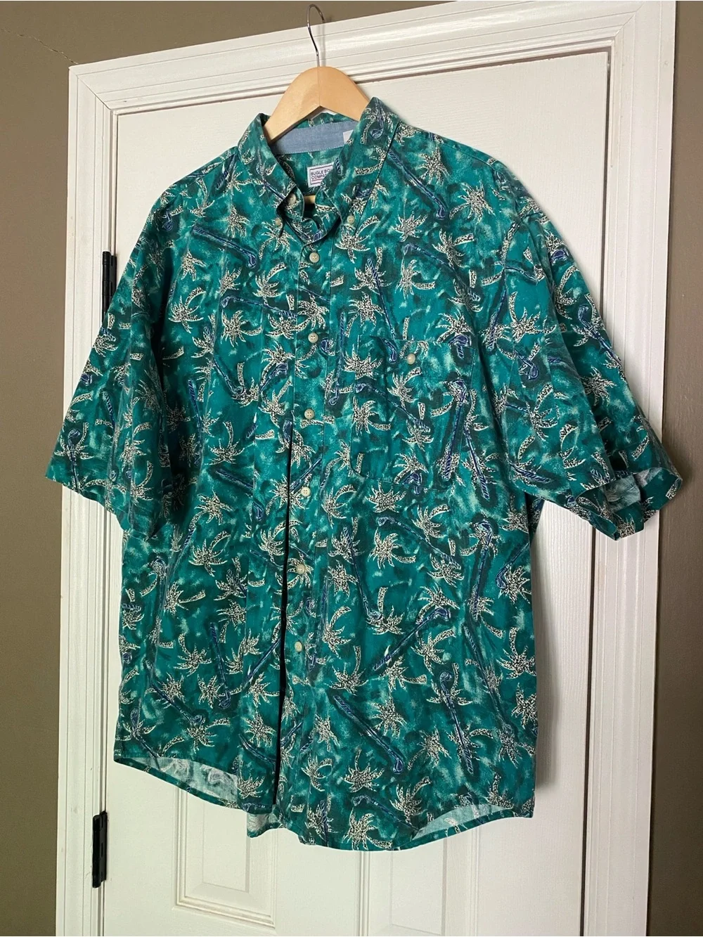 Vintage Bugle Boy Men's Teal Tropical Short-Sleeve Button-Up Shirt - size XL - Picture 1 of 11